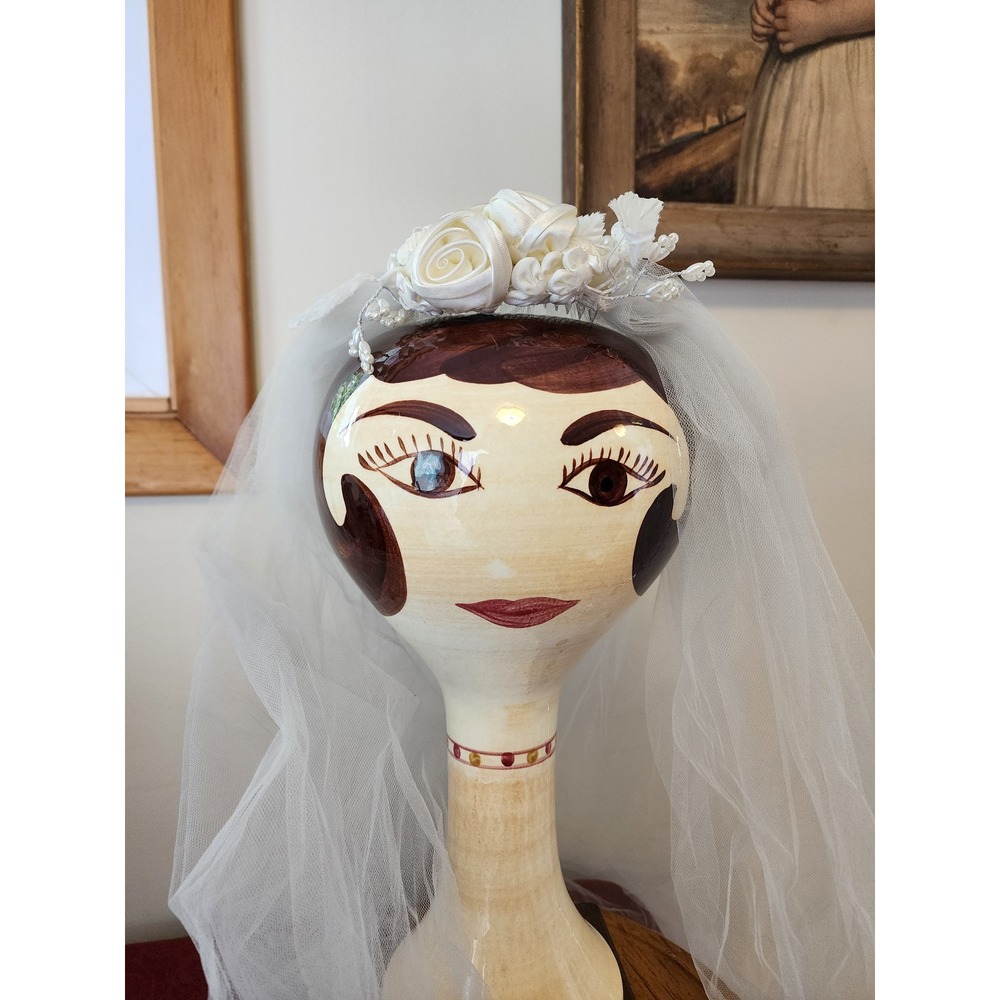 Vintage Bridal Veil Hair Comb Satin Rose Pearl Tulle Glam Bride Headpiece Elbow